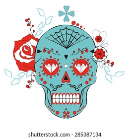 Day of the dead. Skull illistration. Colorful skull with flower and heart ornamens. Sugar skull. Dia de los Muertos icon