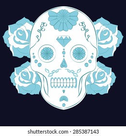 Day of the dead. Skull illistration. Colorful skull with flower and heart ornamens. Sugar skull. Dia de los Muertos icon