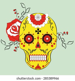 Day of the dead. Skull illistration. Colorful skull with flower and heart ornamens. Sugar skull. Dia de los Muertos icon