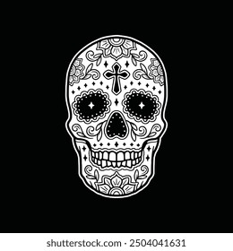 Day of the dead skull illustration. Sugar skull vector. Candy skull hand drawn design elements. Isolated on black background.