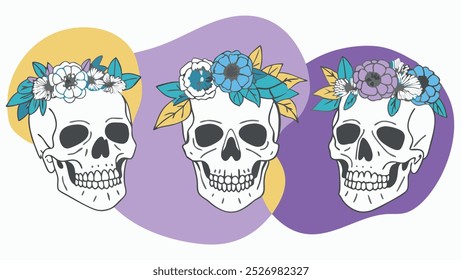 Dia dos Mortos ilustrações do crânio, flores brilhantes, cenários pastel, Dia de los Muertos