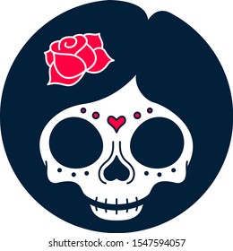 Day of the dead skull logo with beautiful girl la Catrina el dia de muertos festival design authentic Mexico traditional death symbol 