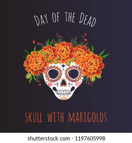 Day of the Dead: skull with marigolds element for decoration traditional mexican holiday. Hand drawn illustration in watercolor style on black background. 