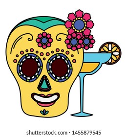 day of the dead skull mask and margarita cocktail vector illustration design