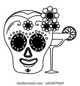 day of the dead skull mask and margarita cocktail vector illustration design
