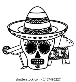 day of the dead skull mask and margarita cocktail with pinata vector illustration