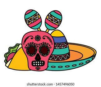 day of the dead skull mask with mexican hat and maracas vector illustration design