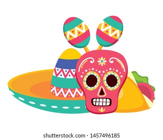 day of the dead skull mask with mexican hat and maracas vector illustration design