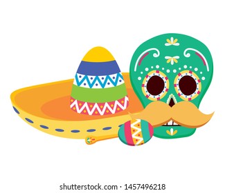 day of the dead skull mask with mexican hat and maracas vector illustration design