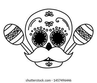 day of the dead skull mask with mustache and maracas vector illustration design