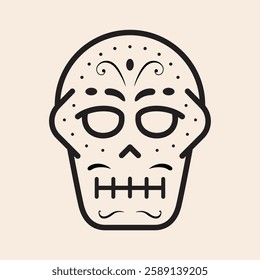 Day of the Dead skull mask outline icon with traditional decorative elements. Día de los muertos clean iconic line art skull