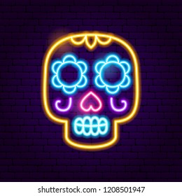 Day of the Dead Skull Neon Sign. Vector Illustration of Mexican Promotion.