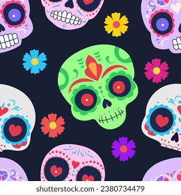 Day of the Dead skull pattern. Dia de los muertos print. Day of the dead and mexican Halloween texture. Mexican tradition festival.  fiesta, holiday poster, party flyer, funny greeting card