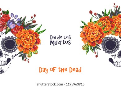 Day of the dead skull poster. Mexican holiday dia de los muertos day promo banner. Halloween poster background, greeting card or t-shirt design on white backdrop.