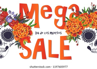 Day of the dead skull poster. Mexican holiday dia de los muertos mega sale day promo banner.