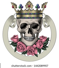 Day of the Dead Skull with Roses and Label. Tattoo vintage design element. Vintage color engraving stylized drawing. Vector illustration.