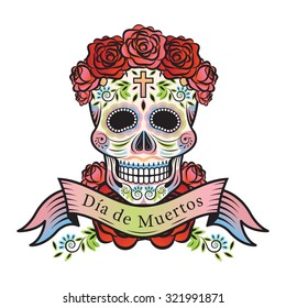 Day of the Dead Skull with Roses and Label, White Background