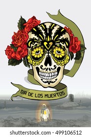 Day of the Dead Skull with Roses and Label, Dark Background
