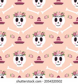Day dead skull seamless pattern Frida Kahlo. Dia de los muertos skull. Symbol of day dead vector illustration. Cute skull graphic background. Pink spooky print Spanish, mexican tradition. Woman skull.