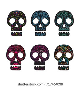 Day of the Dead Skull Set, Black Color with Line Decoration