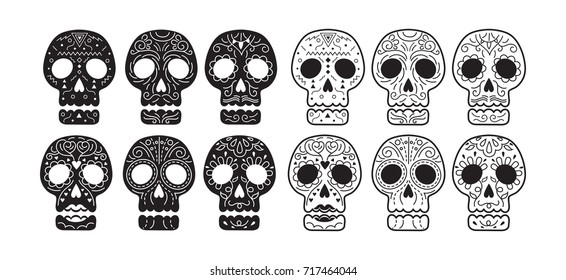 Day of the Dead Skull Set, Black Color Silhouette and Line 