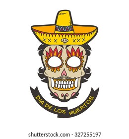 Day of dead skull with sombrero.