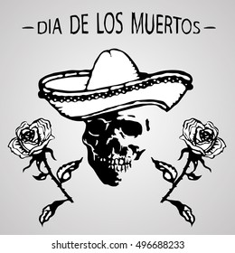 Day of the Dead. The skull in a sombrero and a rose, in black and white style. Vector illustration eps10.
