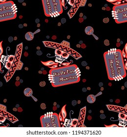 Day of the dead. Skull in sombrero. Seamless pattern. Vector illustration