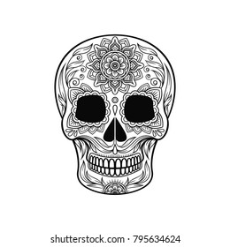 Day of The Dead Skull, sugar skull with floral pattern black and white vector Illustration