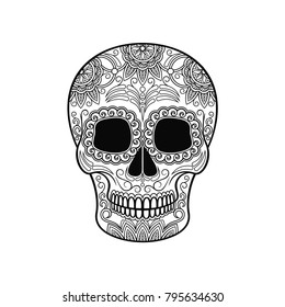 Day of The Dead Skull, sugar skull with floral ornament black and white vector Illustration