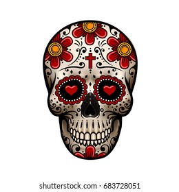 Day Of The Dead Skull. Skull Sugar Flower. Skull Tattoo. Vector Illustration