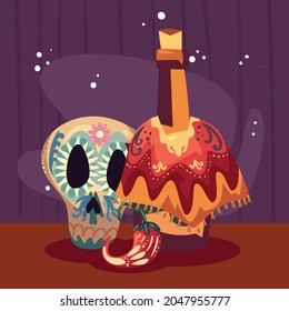 Day of the dead skull and tequila bottle