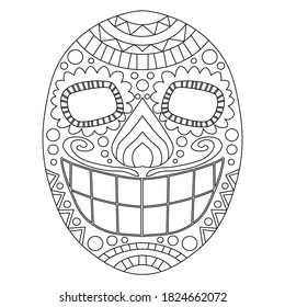 Day of the dead skull vector coloring page for kids and adults. Traditional dia de muertos calavera skull black outline isolated on white. Ornamental holiday mexican festival symbol sugar skull.