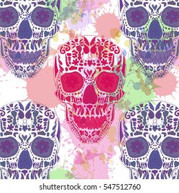 Day Of The Dead Skull Vector pattern on background.