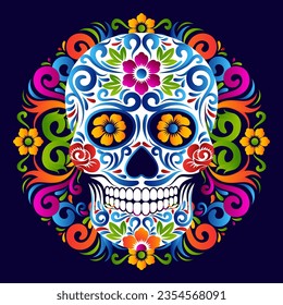 Day of the dead Skull with vibrant color mexican Ornament design