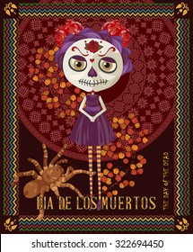 Day of the dead skull. Woman with calavera makeup. Dia de los muertos Text in Spanish.