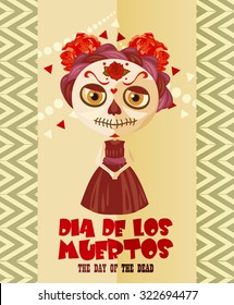 Day of the dead skull. Woman with calavera makeup. Dia de los muertos Text in Spanish.