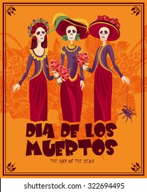 Day of the dead skull. Woman with calavera makeup. Dia de los muertos Text in Spanish.