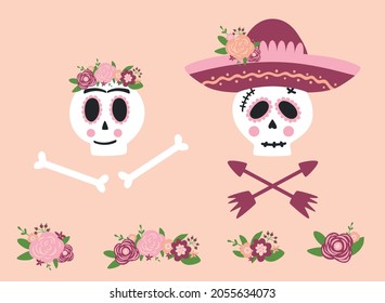 Day dead skull woman and man set. Mexican skull flower sombrero. Dia de los muertos skull. Symbol of day dead isolated vector illustration. Cute skull graphic element Pink floral spooky logo. Spanish.