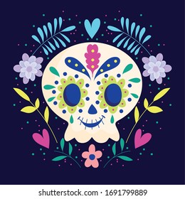 day of the dead, skull with wreath of flowers. traditional mexican celebration vector illustration