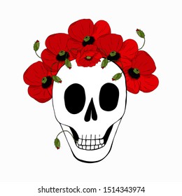 The day of the Dead. Skull with a wreath of red flowers. Beautiful poppies on a funny skull. Template for t-shirts, invitations, cards or fabrics. Halloween motive.