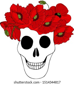 The day of the Dead. Skull with a wreath of red flowers. Beautiful poppies on a funny skull. Template for t-shirts, invitations, cards or fabrics. Halloween motive.