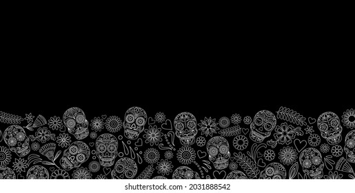 Day of the Dead skulls background. Dia de los muertos banner.Day of the dead and mexican Halloween border. Mexican tradition festival. Day of the dead sugar skull isolated. Dia de los Muertos skulls.