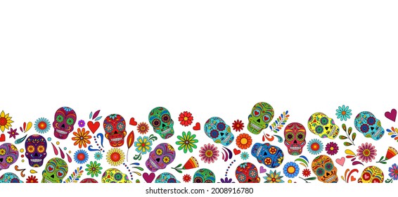 Day of the Dead  skulls banner. Dia de los muertos frame. Day of the dead and  mexican Halloween background. Mexican tradition  festival. Day of the dead sugar skull isolated. Dia de los Muertos skull