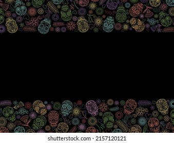 Day of the Dead skulls banner. Dia de los muertos border.Day of the dead and mexican Halloween background. Mexican tradition festival. Day of the dead sugar skull isolated. Dia de los Muertos skull