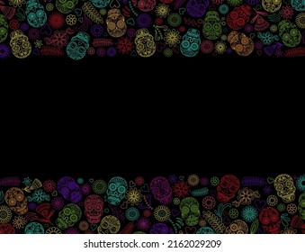 Day of the Dead skulls banner. Dia de los muertos border.Day of the dead and mexican Halloween background. Mexican tradition festival. Day of the dead sugar skull isolated. Dia de los Muertos skull