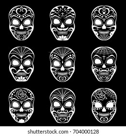 Day of the Dead Skulls. Black and white set. Black background