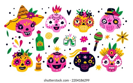 Day of Dead skulls. Calavera decorative sugar heads. Dia de Muertos. Mexican traditional holiday. Patterned carnival candles. Tequila bottles. Latino fiesta elements