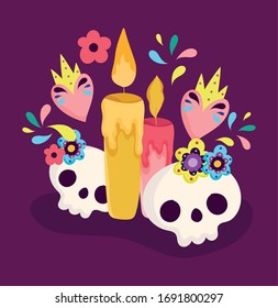 day of the dead. skulls and candles with flowers. decoration for traditional celebration mexican vector illustration