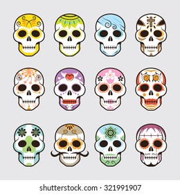 Day of the Dead Skulls, Colorful Set, Two Tone Faces